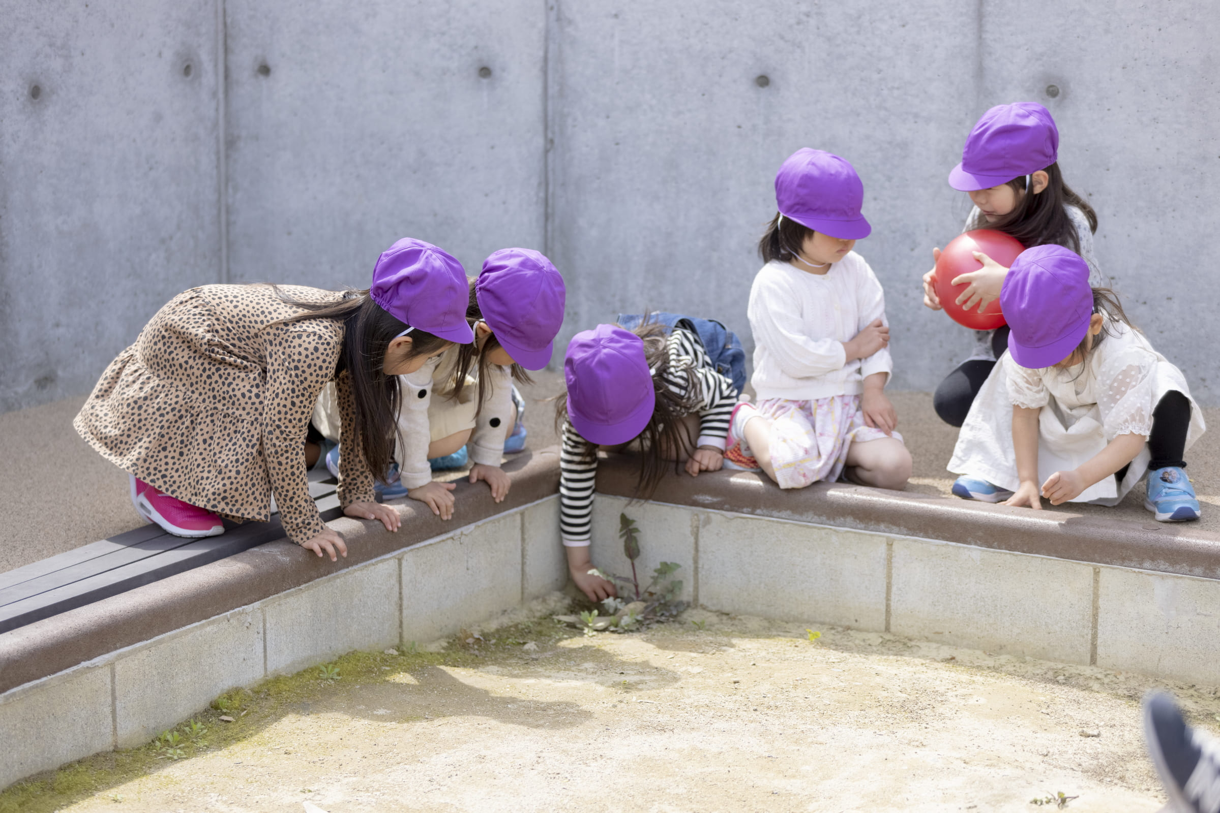 園庭の遊具に座る子どもたち